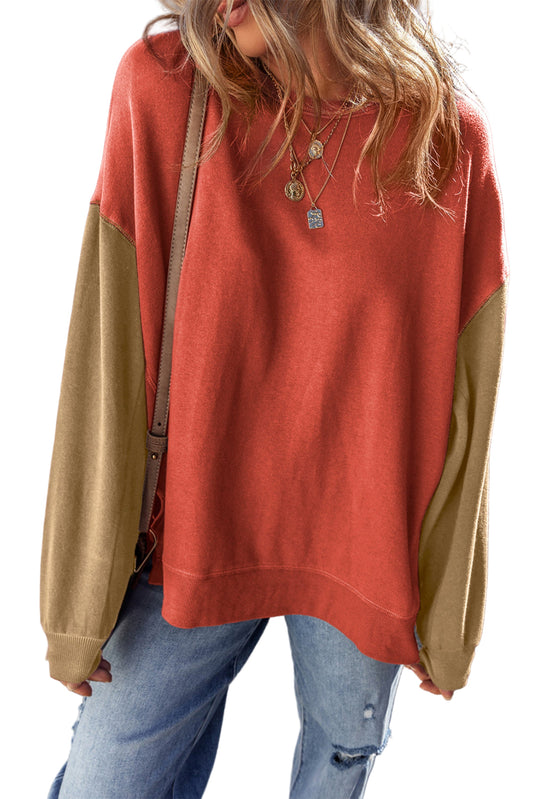 Women’s Colorblock Patchwork Sweatshirt – Gold Flame Drop Shoulder Pullover