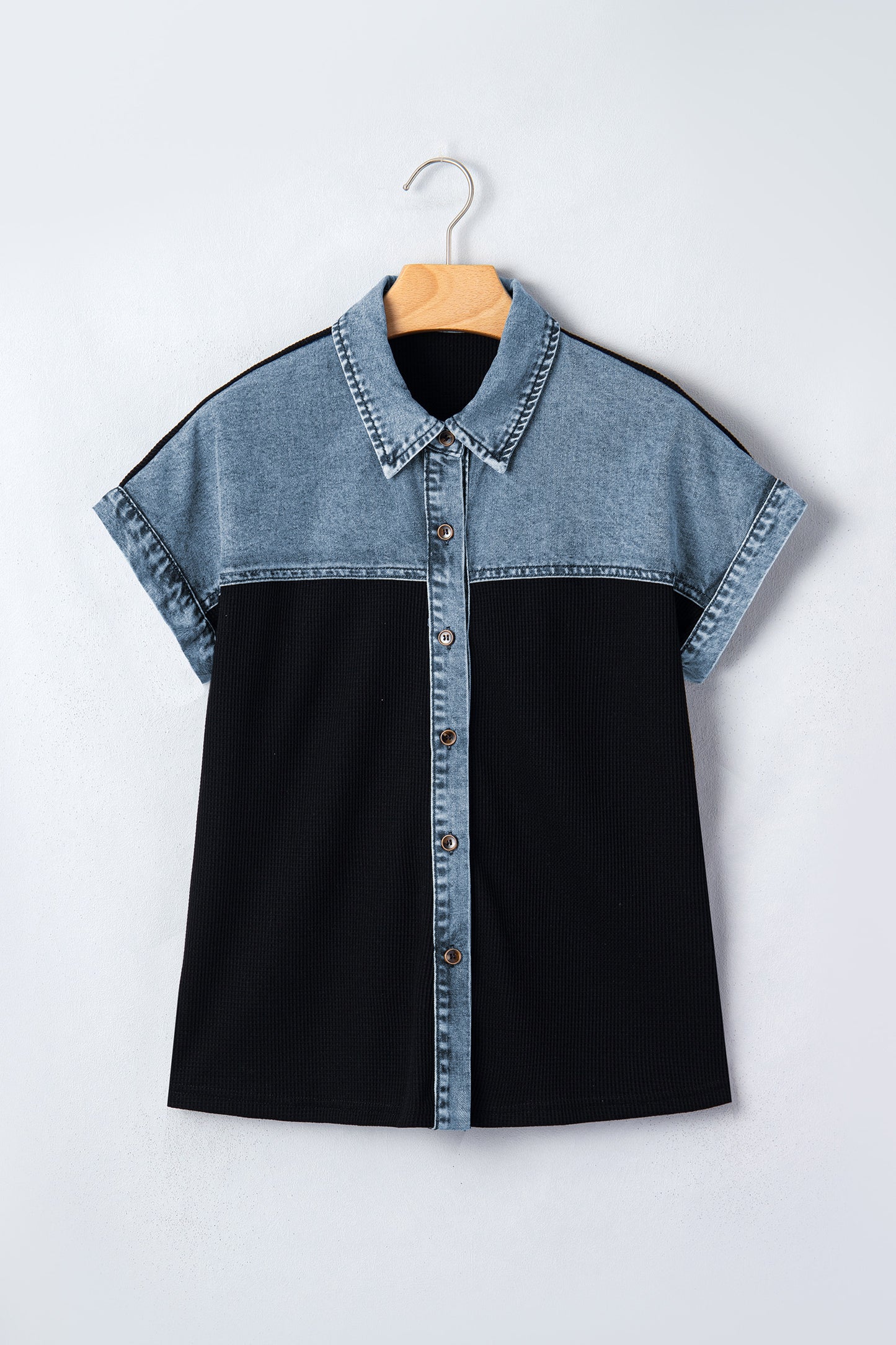 Denim Contrast Waffle Knit Blouse – Casual Boutique Button Front Top