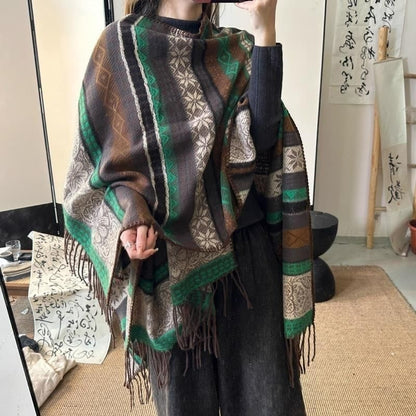 Ethnic wind stripe contrast color tassel shawl for woman