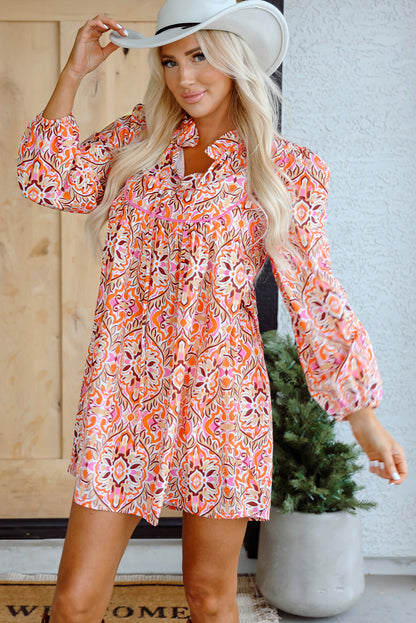 Women’s Boho Floral Mini Dress Long Sleeve Tie Neck Casual Flowy Loose Fit Dress