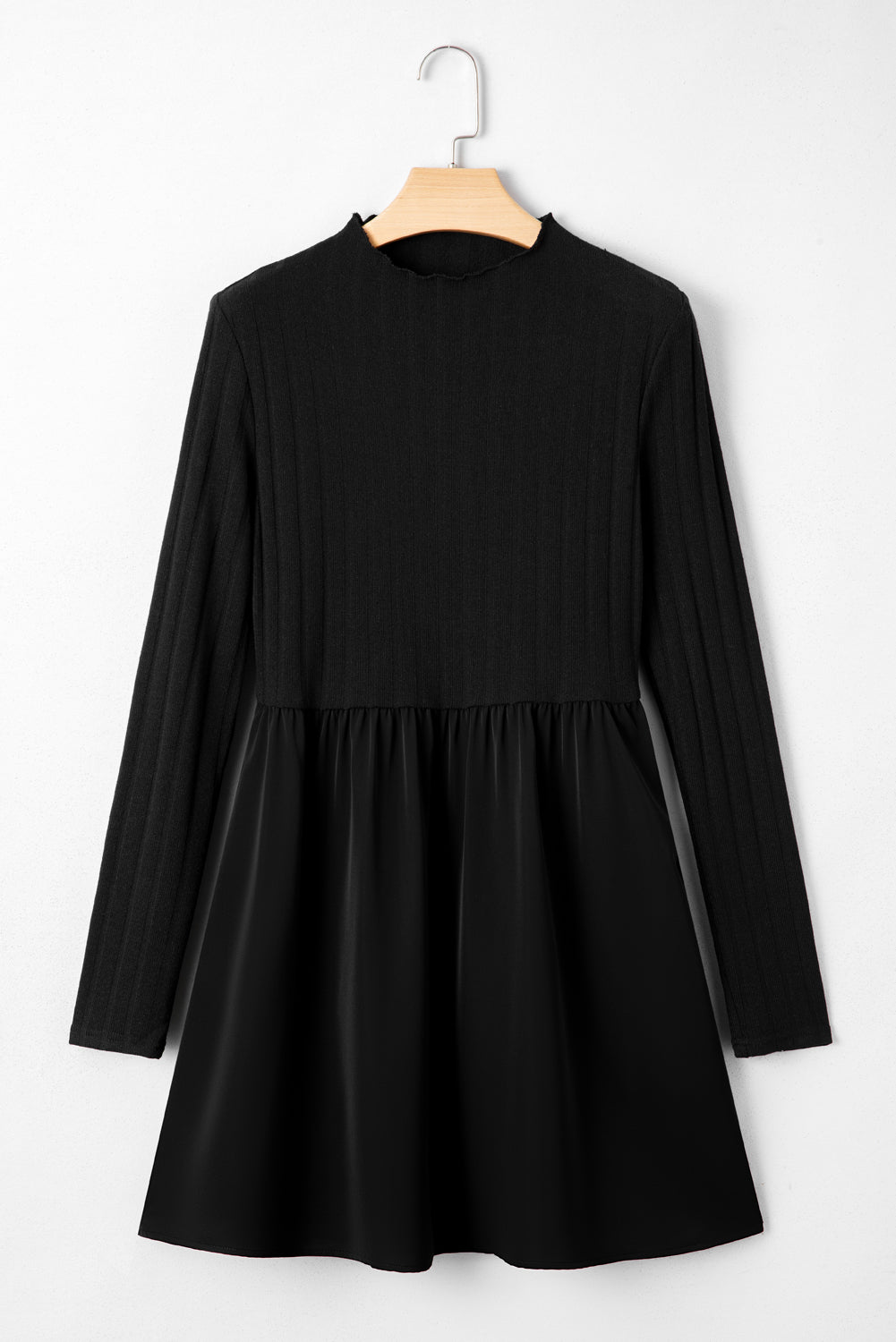 Elegant Black Long Sleeve Mini Dress – Ribbed Knit, Frilled Neck, High Waist, Casual to Party Outfit