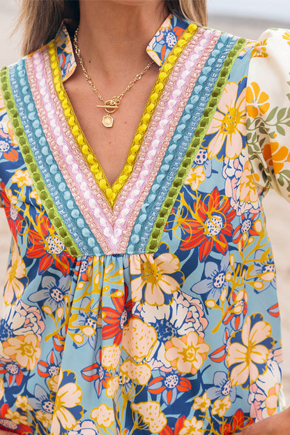 Colorful floral dress with a patterned neckline