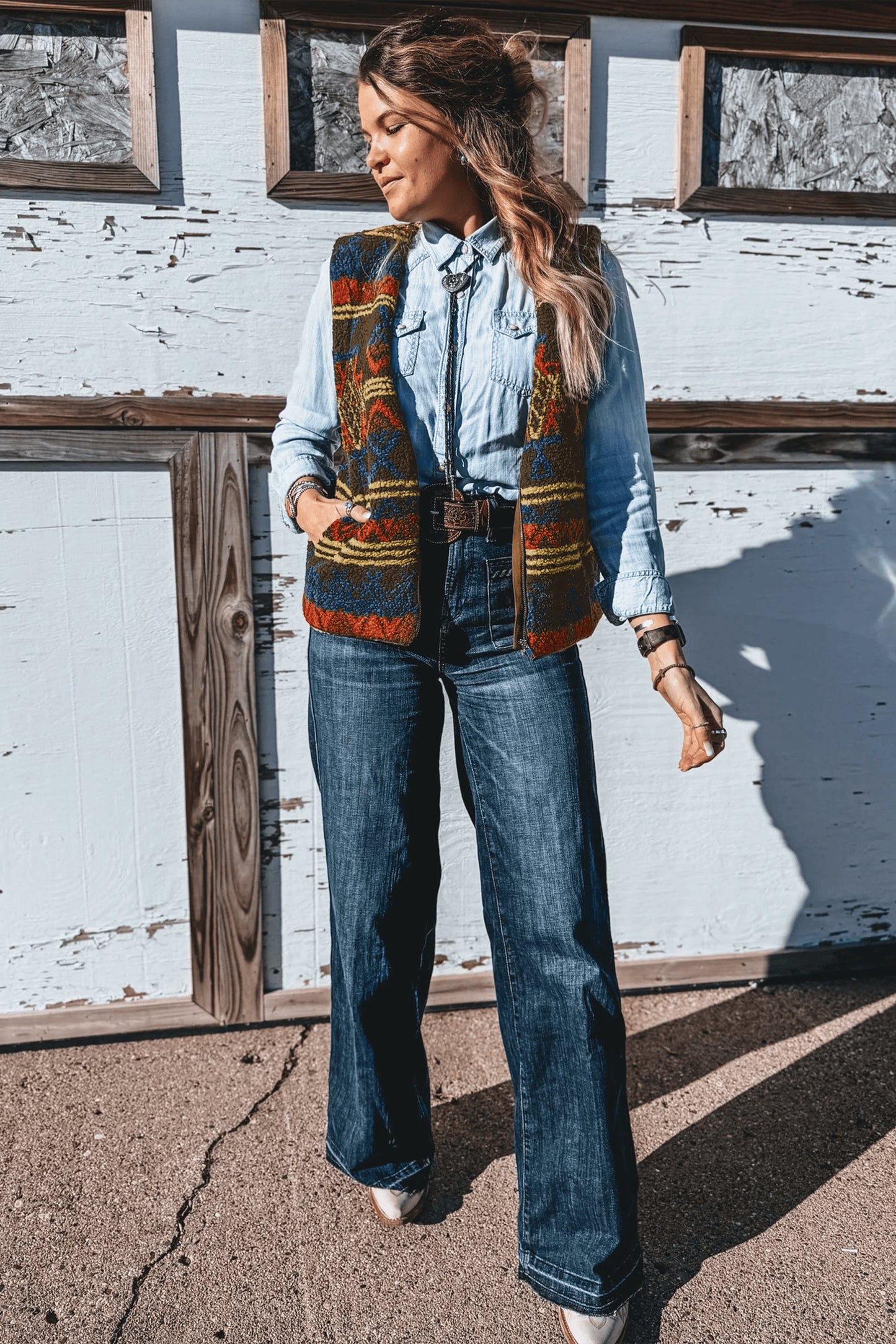 Women’s Western Aztec Print Faux Fur Vest with Pockets