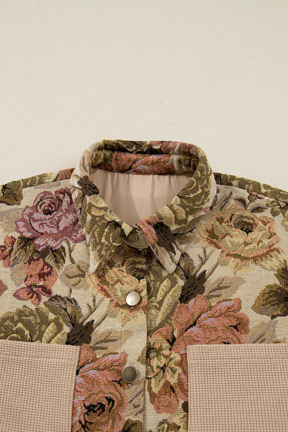 Sophisticated khaki floral patchwork waffle knit jacket with button-down front and pockets. A boho casual outerwear piece perfect for layering.