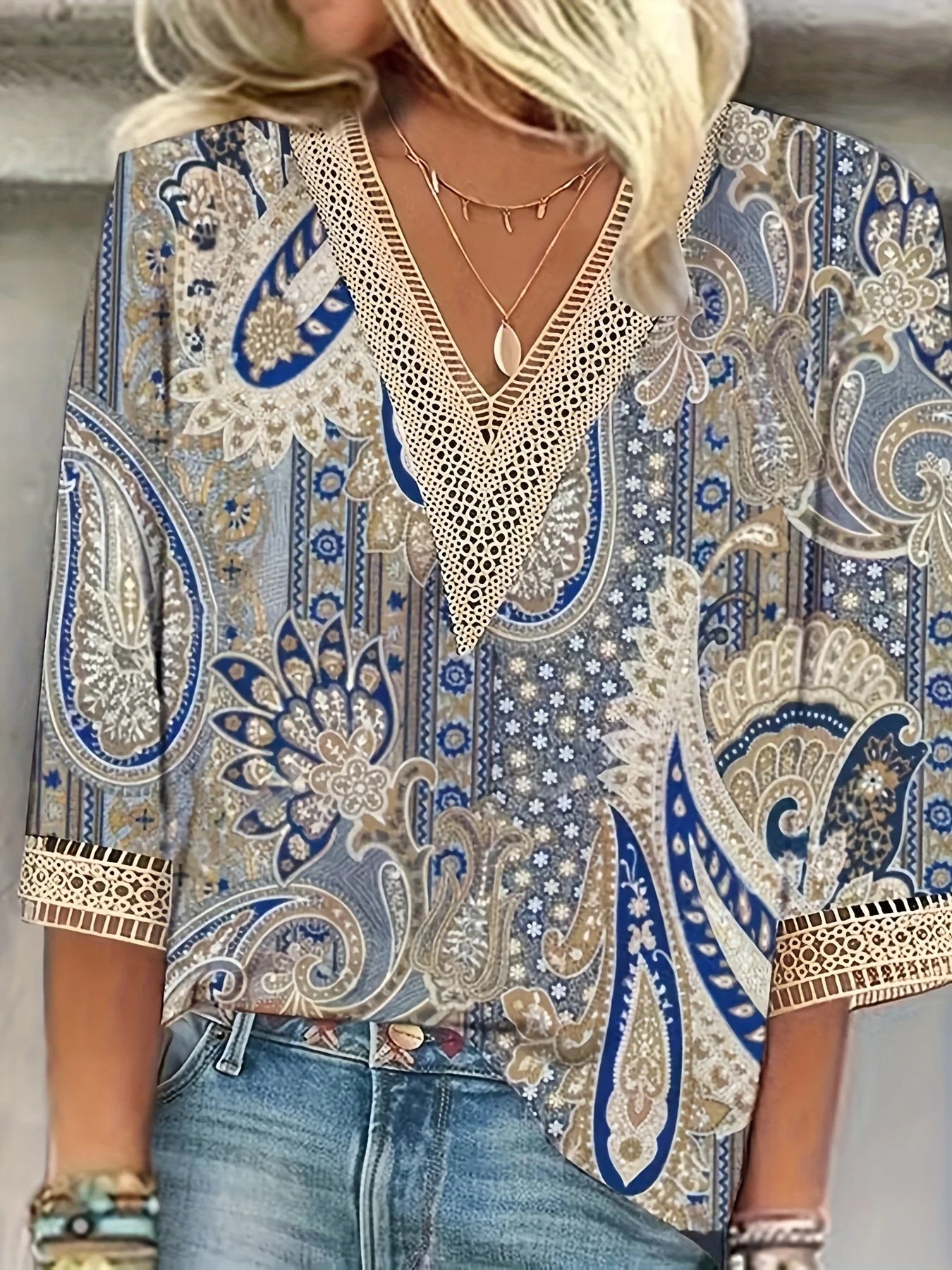 Women's Floral V-Neck Lace Trim Blouse – Casual 3/4 Sleeve Boho Top