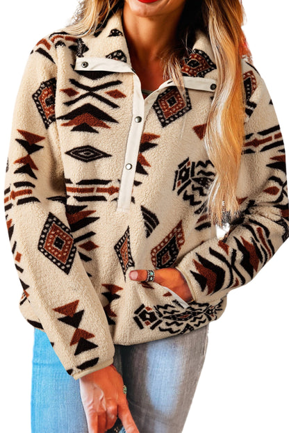 Beige Western Aztec Half Zip Plush Sweatshirt – Cozy Tribal Print Fleece Pullover for Women | Warm Boho Winter Jacket with Pockets