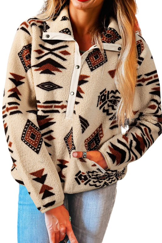 Beige Western Aztec Half Zip Plush Sweatshirt – Cozy Tribal Print Fleece Pullover for Women | Warm Boho Winter Jacket with Pockets
