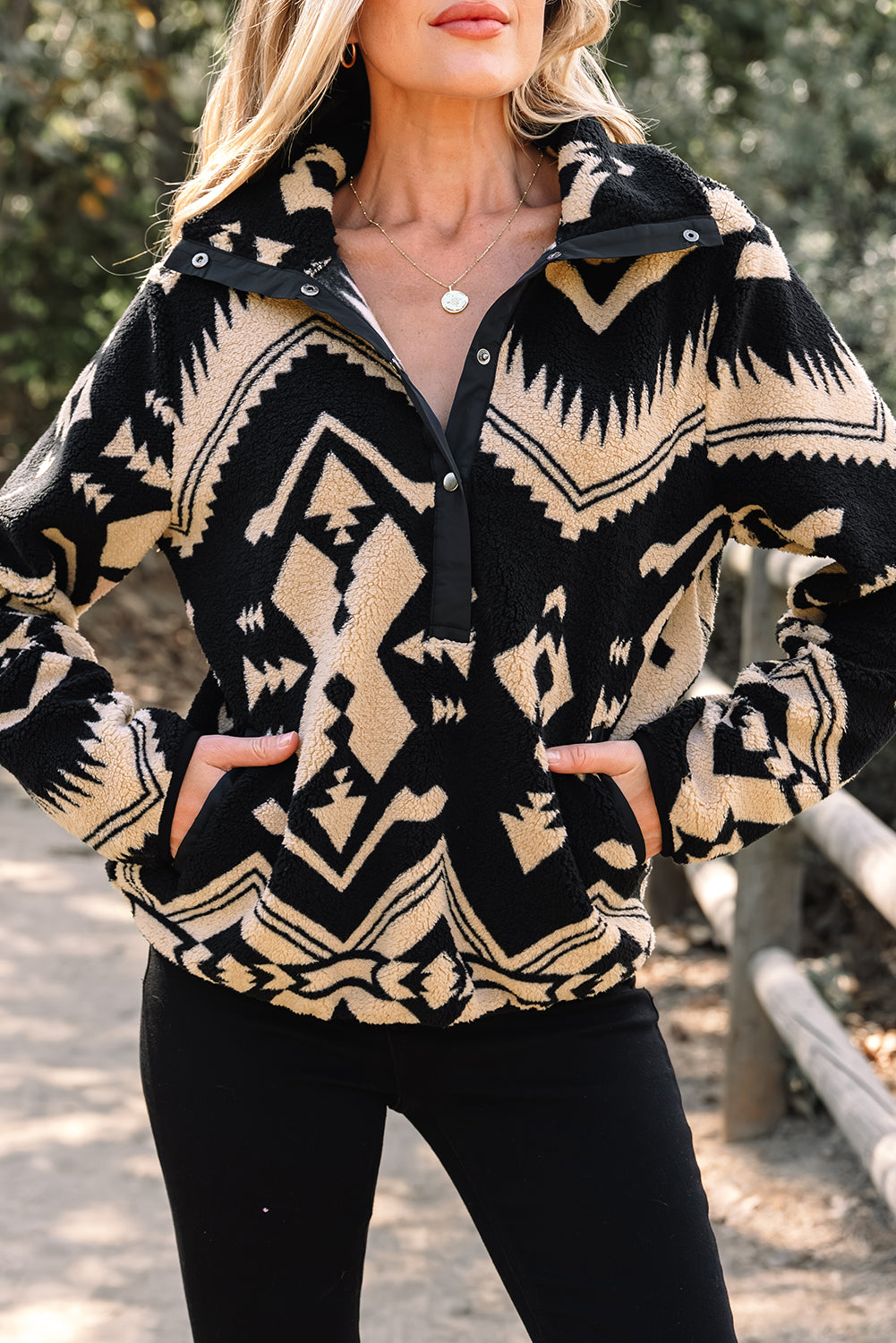 Black Western Aztec Half Zip Plush Sweatshirt – Cozy Tribal Print Fleece Pullover for Women | Warm Boho Winter Jacket with Pockets