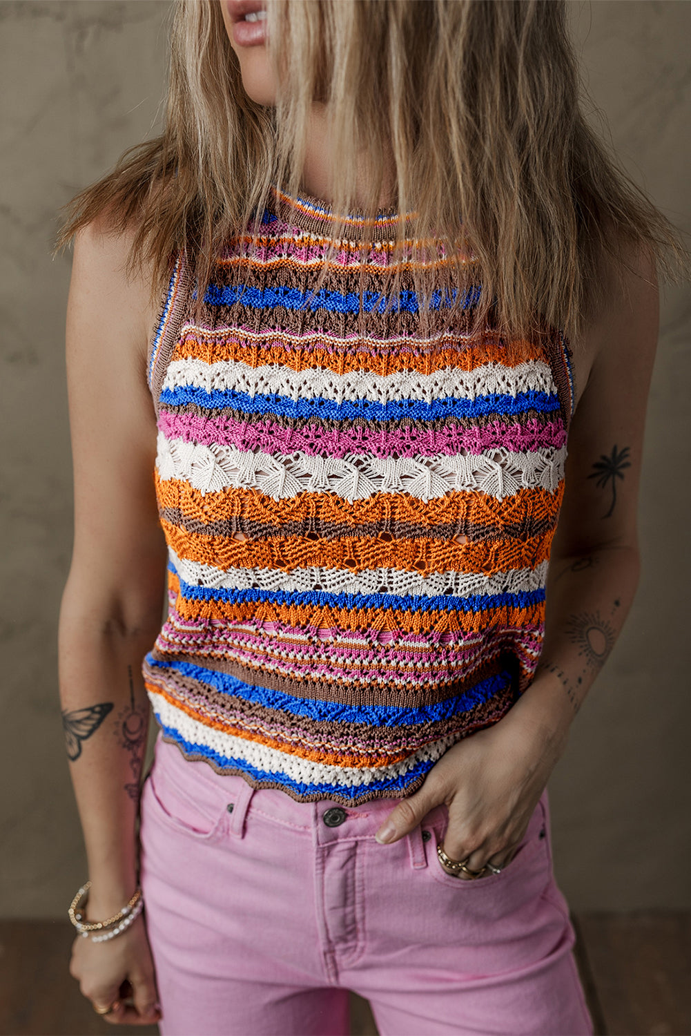 oho Crochet Knit Tank Top – Multicolor Striped Summer Sweater Vest
