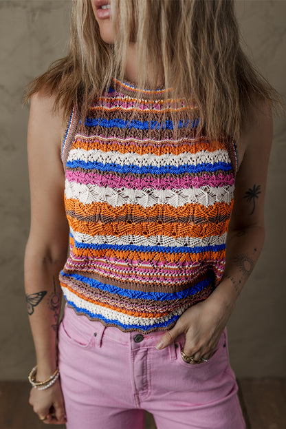 oho Crochet Knit Tank Top – Multicolor Striped Summer Sweater Vest
