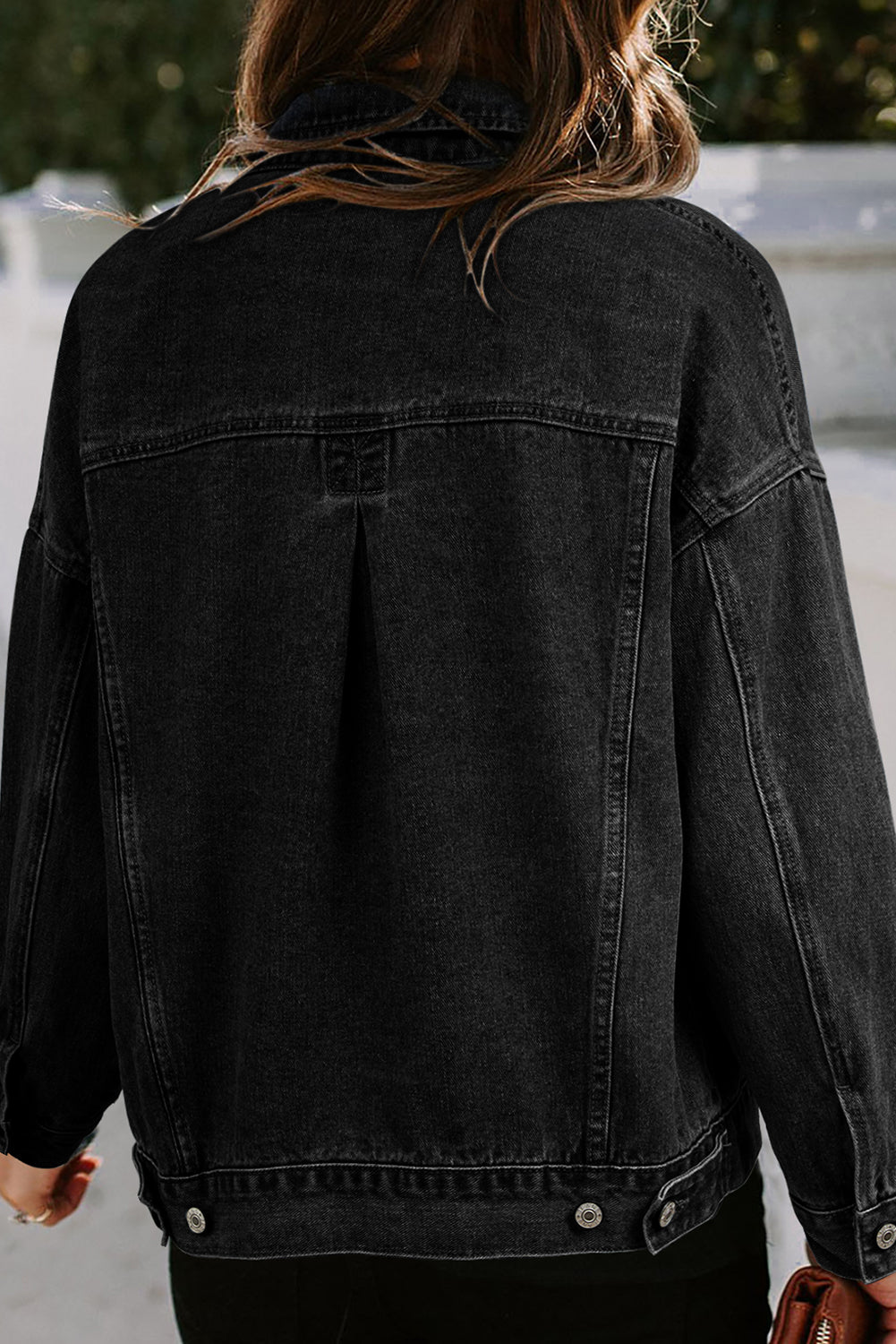 Black Oversized Washed Denim Jacket – Casual Pocketed Streetwear