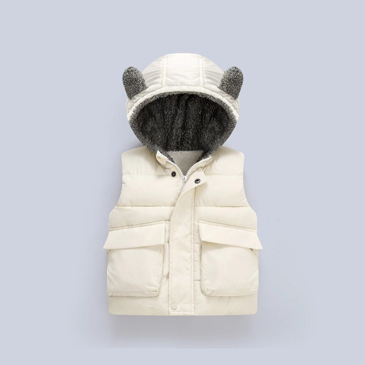 Fleece-Lined Warm Kids Vest, Solid Color Cute Hooded Kids Vest Sleeveless Vest