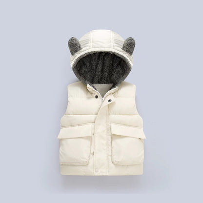 Fleece-Lined Warm Kids Vest, Solid Color Cute Hooded Kids Vest Sleeveless Vest