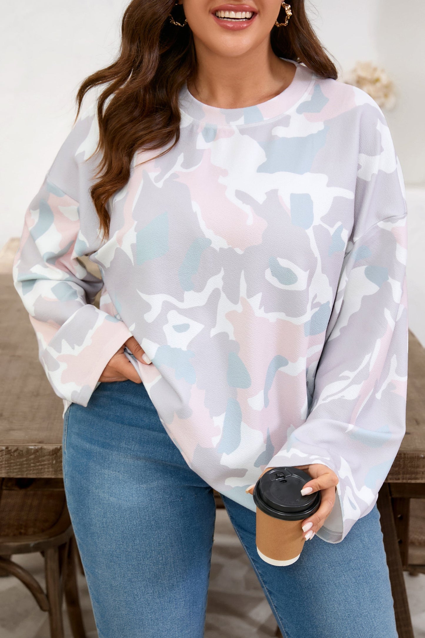 Plus Size Camo Print Long Sleeve Pullover – Drop Shoulder, Loose Fit, 1X–4X