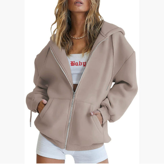 Effortless Zip Hoodie – Off-Shoulder Casual Lounge Jacket