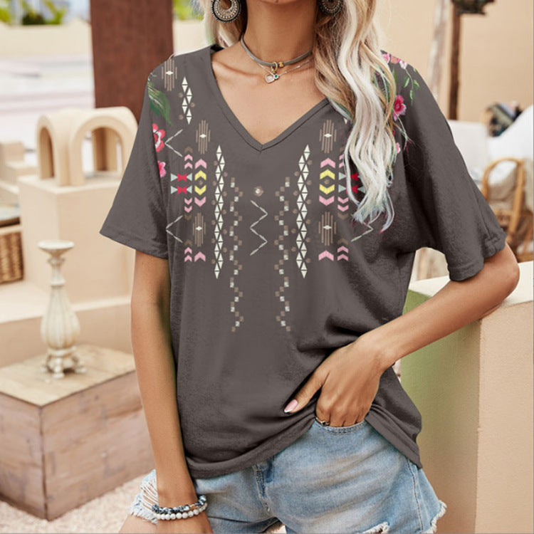 Women's Ethnic Print V-Neck Cotton Blend T-Shirt