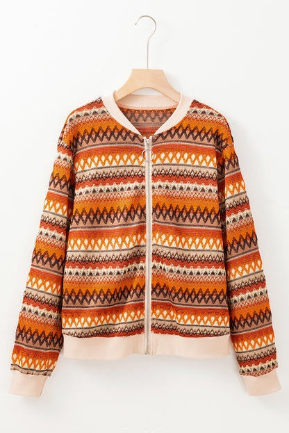 Orange Boho Striped Zip-Up Jacket – Vibrant Fall Layering Piece