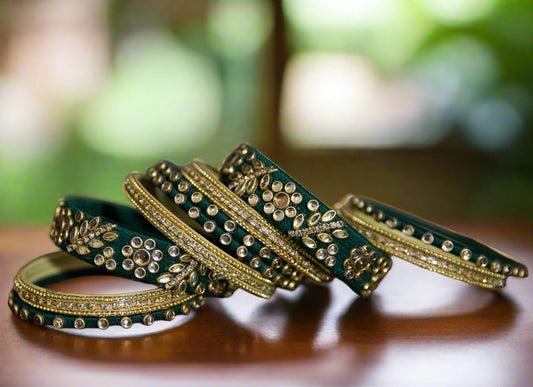 HAND-EMBROIDRED BANGLES - GREEN AND GOLD  SET OF 18 - JAG Universal Collection 
