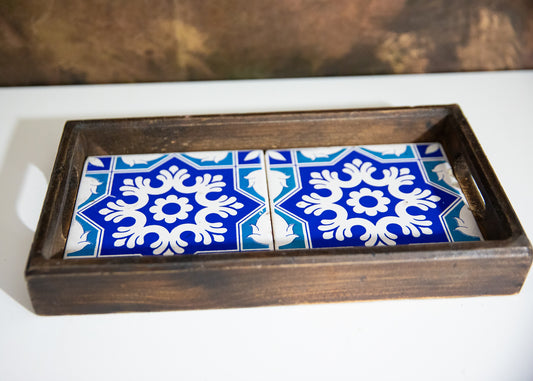 TURKISH DESIGN WOOD AND CERAMIC SERVING TRAY - 12 X 6 - JAG Universal Collection 