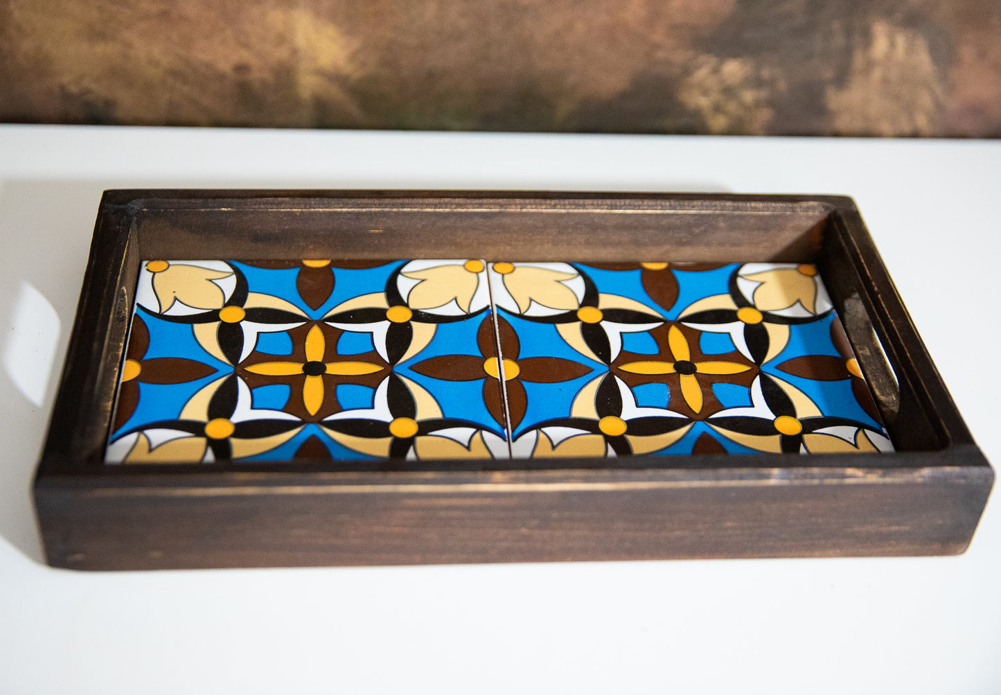TURKISH DESIGN WOOD AND CERAMIC SERVING TRAY - 12 X 6 - JAG Universal Collection 