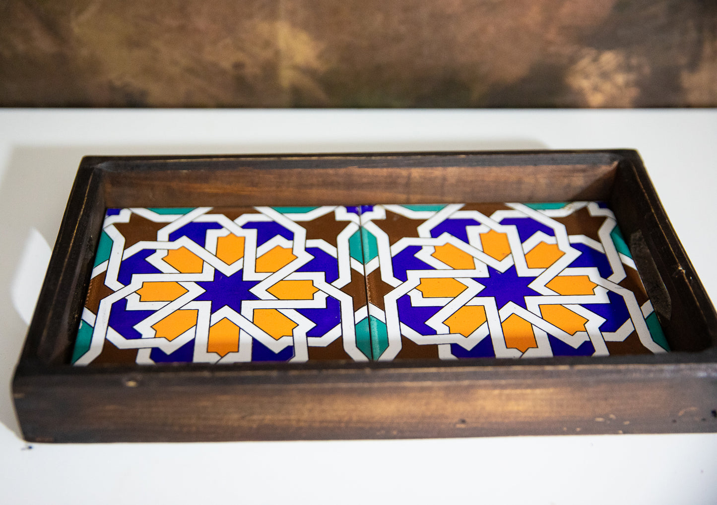 TURKISH DESIGN WOOD AND CERAMIC SERVING TRAY - 12 X 6 - JAG Universal Collection 