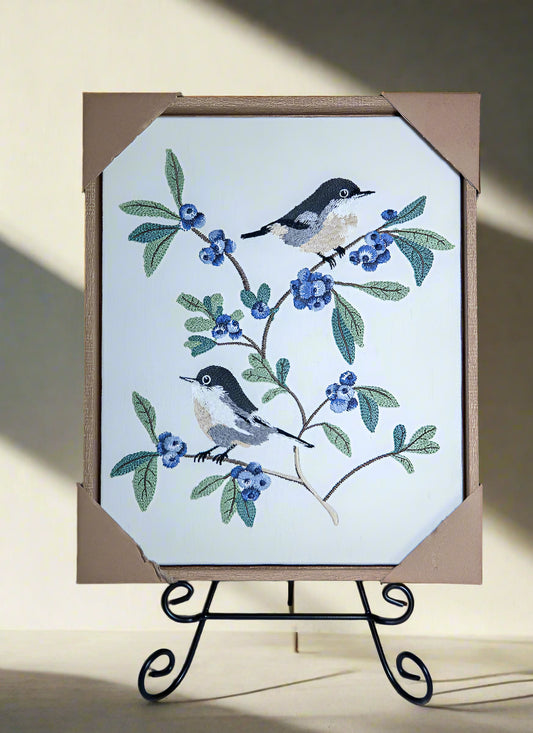 Hand-Embroidered Bird and Blossom Wall Art
