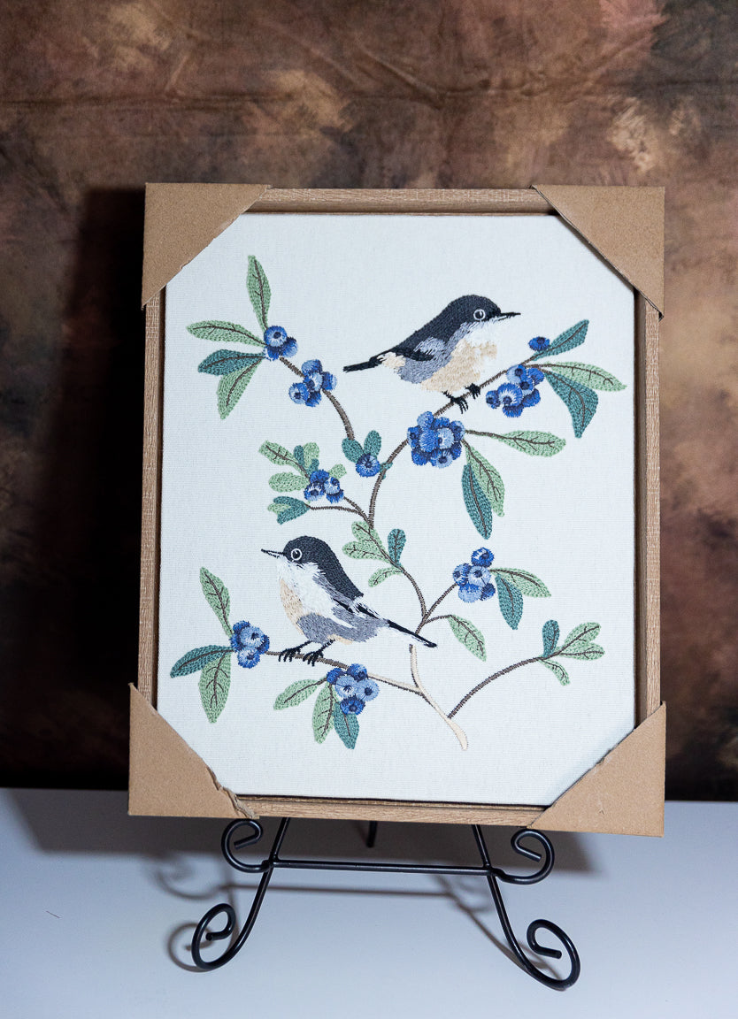 Hand-Embroidered Bird and Blossom Wall Art