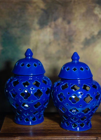 Blue Ceramic Lantern Candle Holder
