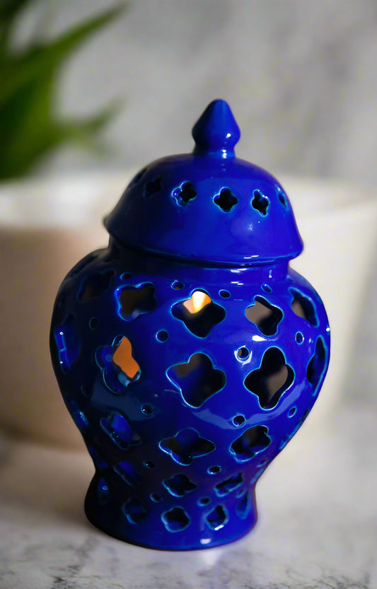 Blue Ceramic Lantern Candle Holder
