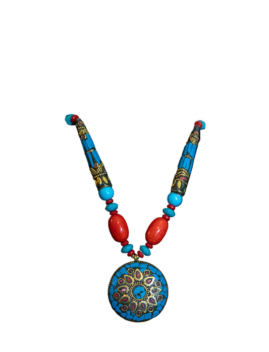 BOHEMIAN DESIGN INLAID BEAD AND STONES NECKLACE -BLUE