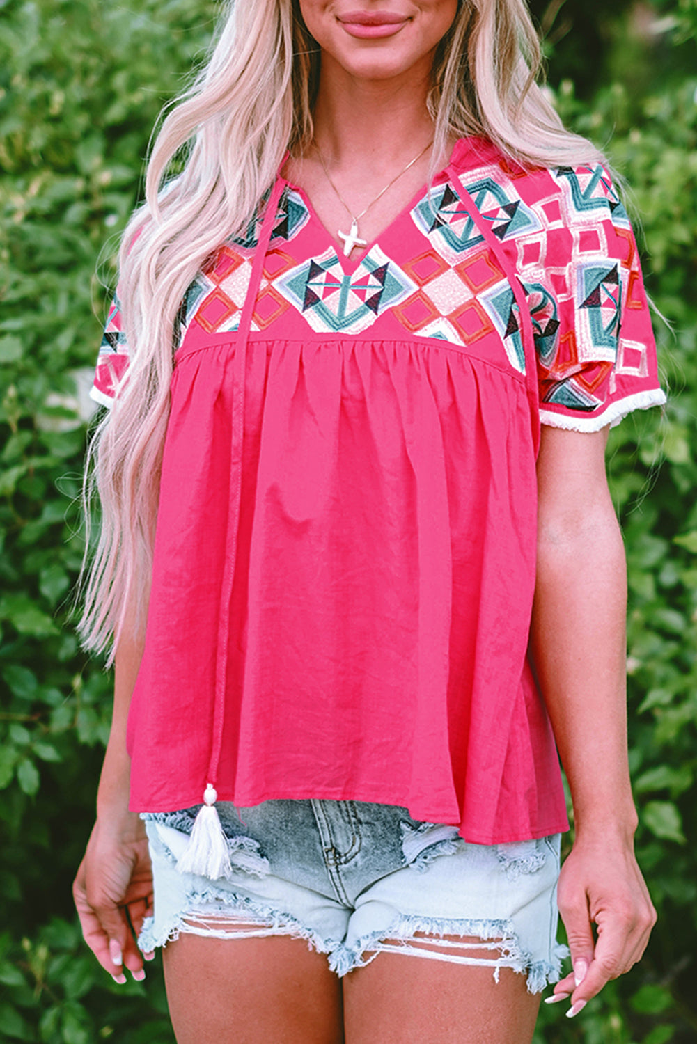Strawberry Pink Boho Embroidered Blouse – Tassel Tie V-Neck Summer Top