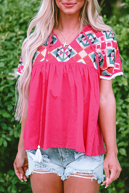 Strawberry Pink Boho Embroidered Blouse – Tassel Tie V-Neck Summer Top