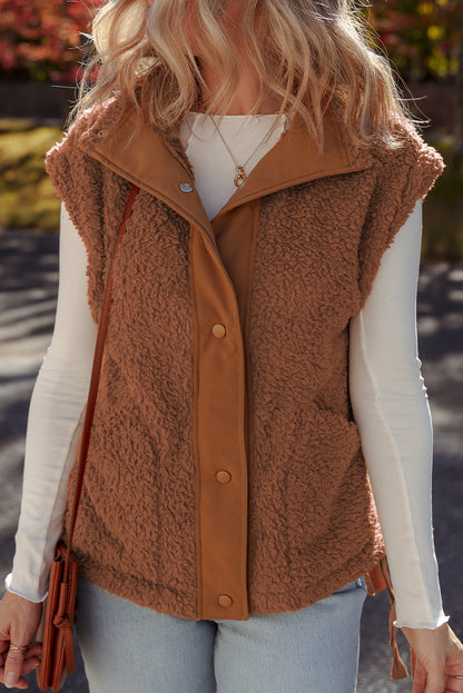 Cinnamon Faux Fur Snap Button Front Knot Side Plush Vest with Pockets