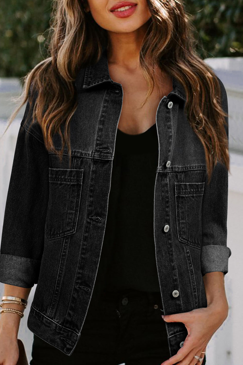Black Oversized Washed Denim Jacket – Casual Pocketed Streetwear