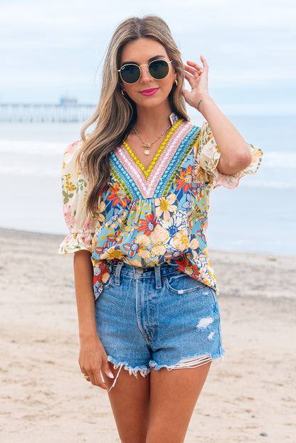 Bohemian Multicolor Crochet V-Neck Blouse – Lightweight Summer Statement Top