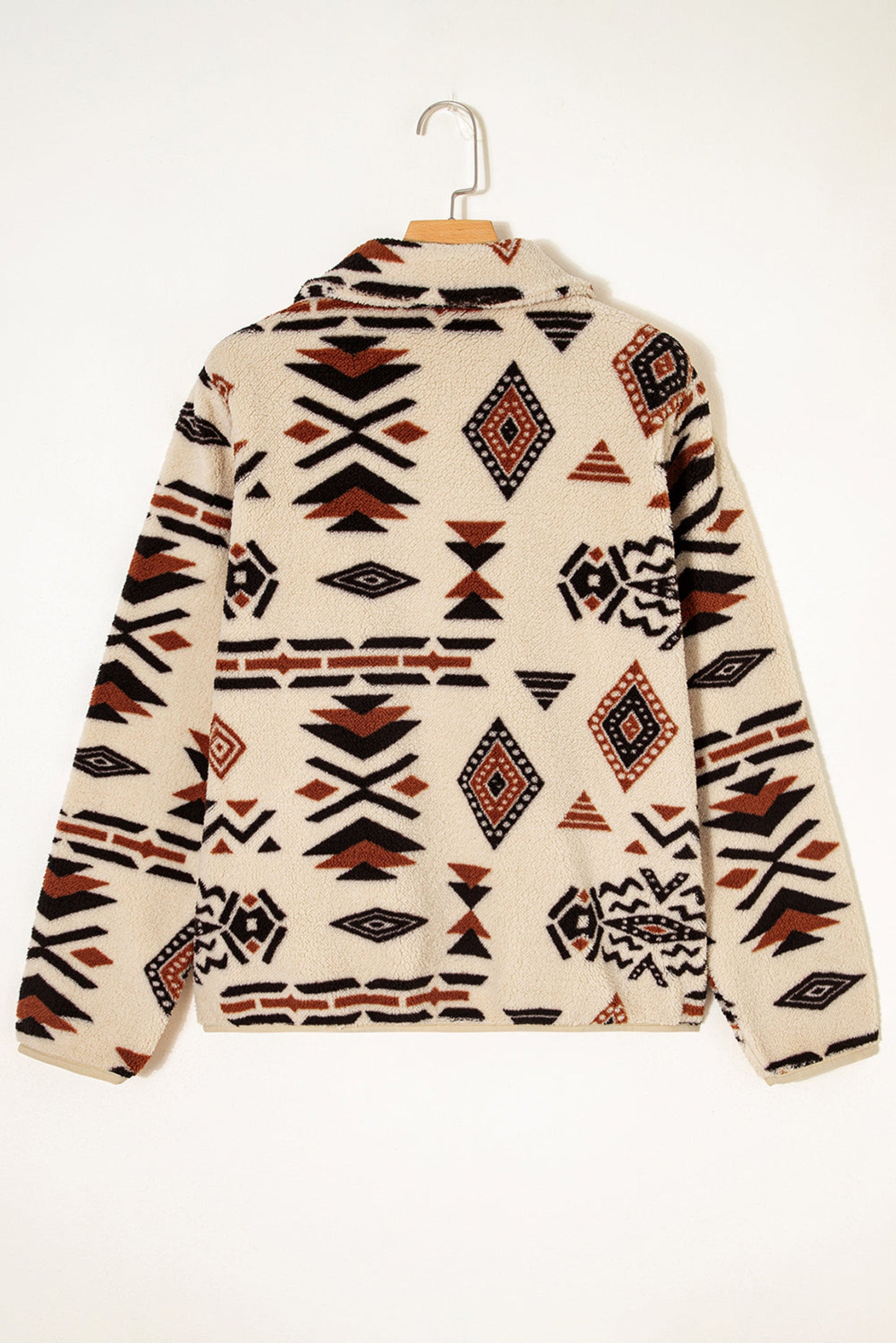 Beige Western Aztec Half Zip Plush Sweatshirt – Cozy Tribal Print Fleece Pullover for Women | Warm Boho Winter Jacket with Pockets