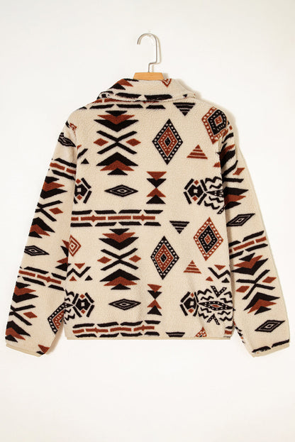 Beige Western Aztec Half Zip Plush Sweatshirt – Cozy Tribal Print Fleece Pullover for Women | Warm Boho Winter Jacket with Pockets