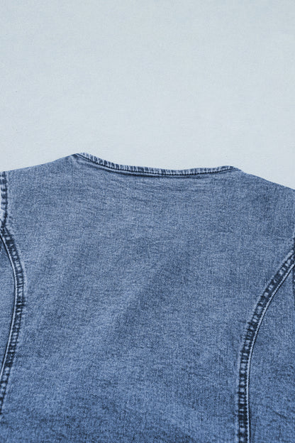 Women’s Blue Denim Vest – Sleeveless Button Down Long Vest with Side Slits for Spring Layering