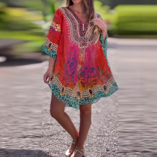 Boho V-Neck Tunic Dress | Loose Fit Summer Beach Cover-Up (S–3XL)