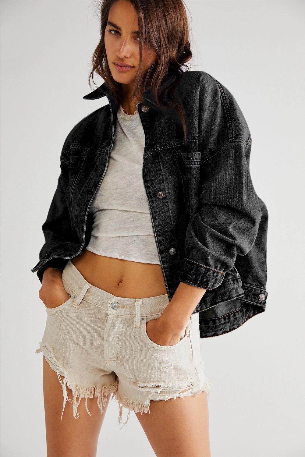 Black Oversized Washed Denim Jacket – Casual Pocketed Streetwear