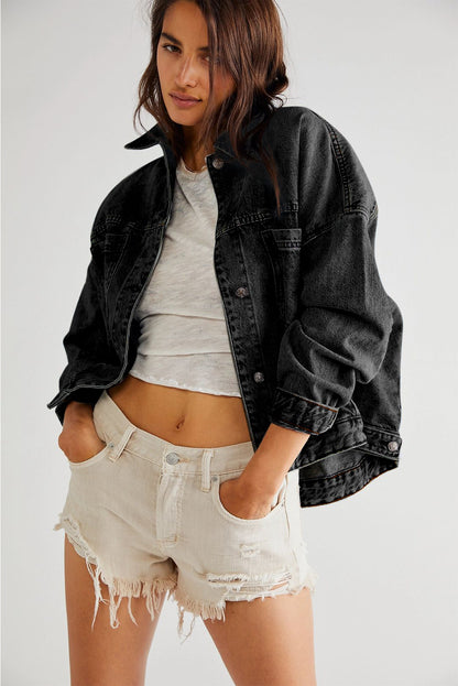 Black Oversized Washed Denim Jacket – Casual Pocketed Streetwear