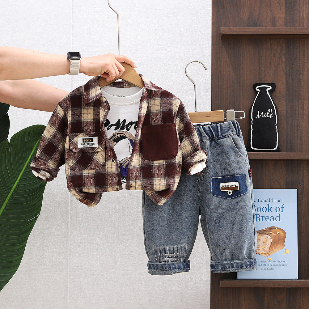Three piece checkered shirt set for children and boys