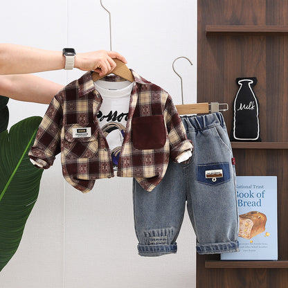 Three piece checkered shirt set for children and boys