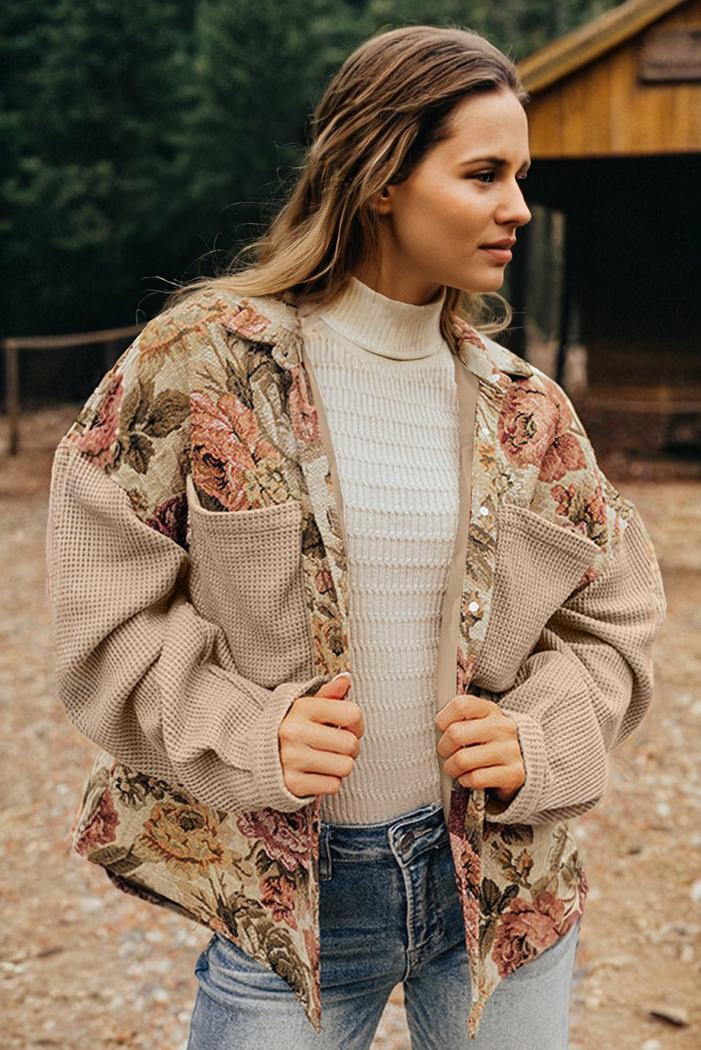 Sophisticated khaki floral patchwork waffle knit jacket with button-down front and pockets. A boho casual outerwear piece perfect for layering.