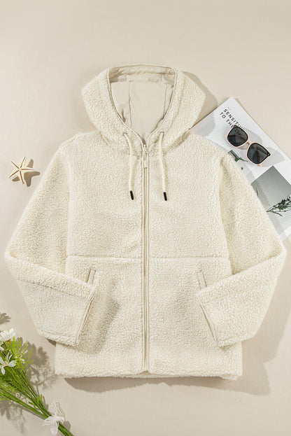 Beige Fleece Zip Up Drawstring Hooded Pocketed Jacket