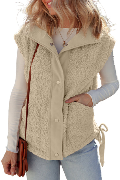 Beige Faux Fur Snap Button Front Knot Side Plush Vest with Pockets