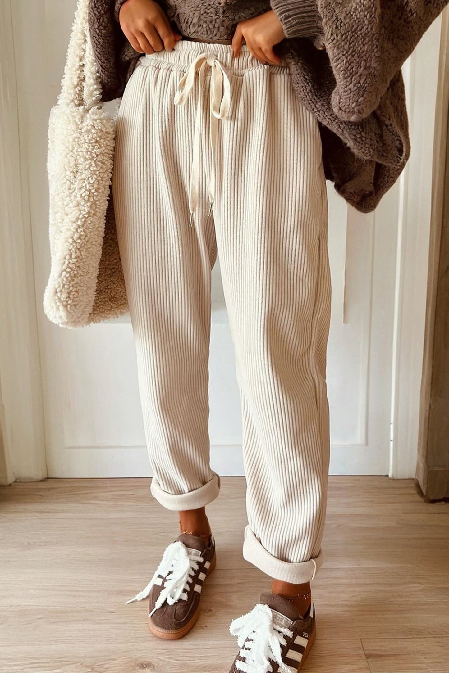 Women’s Corduroy Drawstring Lounge Pants –White  High-Waisted Soft Casual Trousers