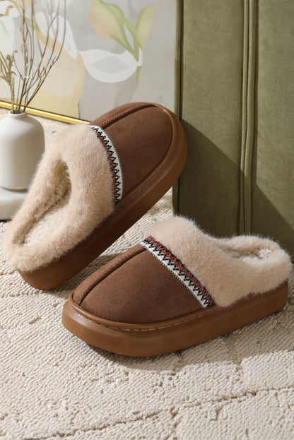 Coffee Colorblock Fuzzy Platform Slippers