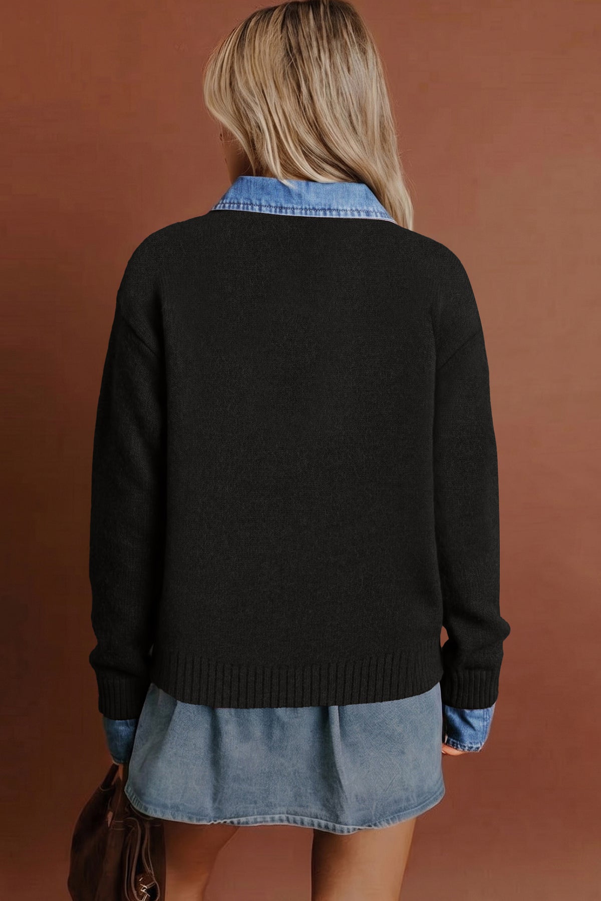 Women’s Black Knit Sweater with Denim Collar & Cuffs