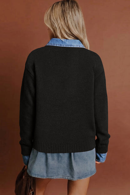 Women’s Black Knit Sweater with Denim Collar & Cuffs